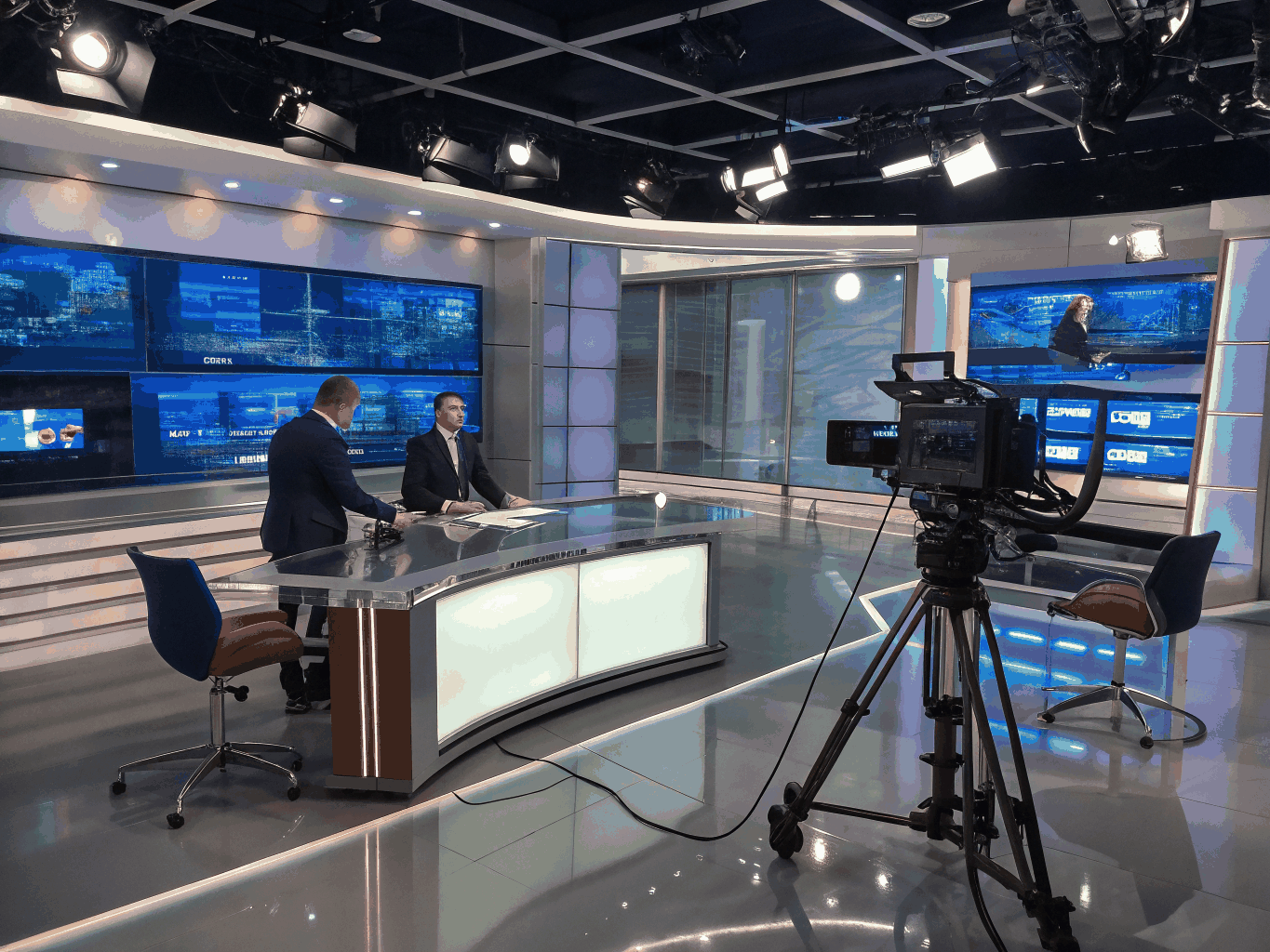 Estudiantes de periodismo trabajando en el estudio de televisión de la PUCV con iluminación profesional